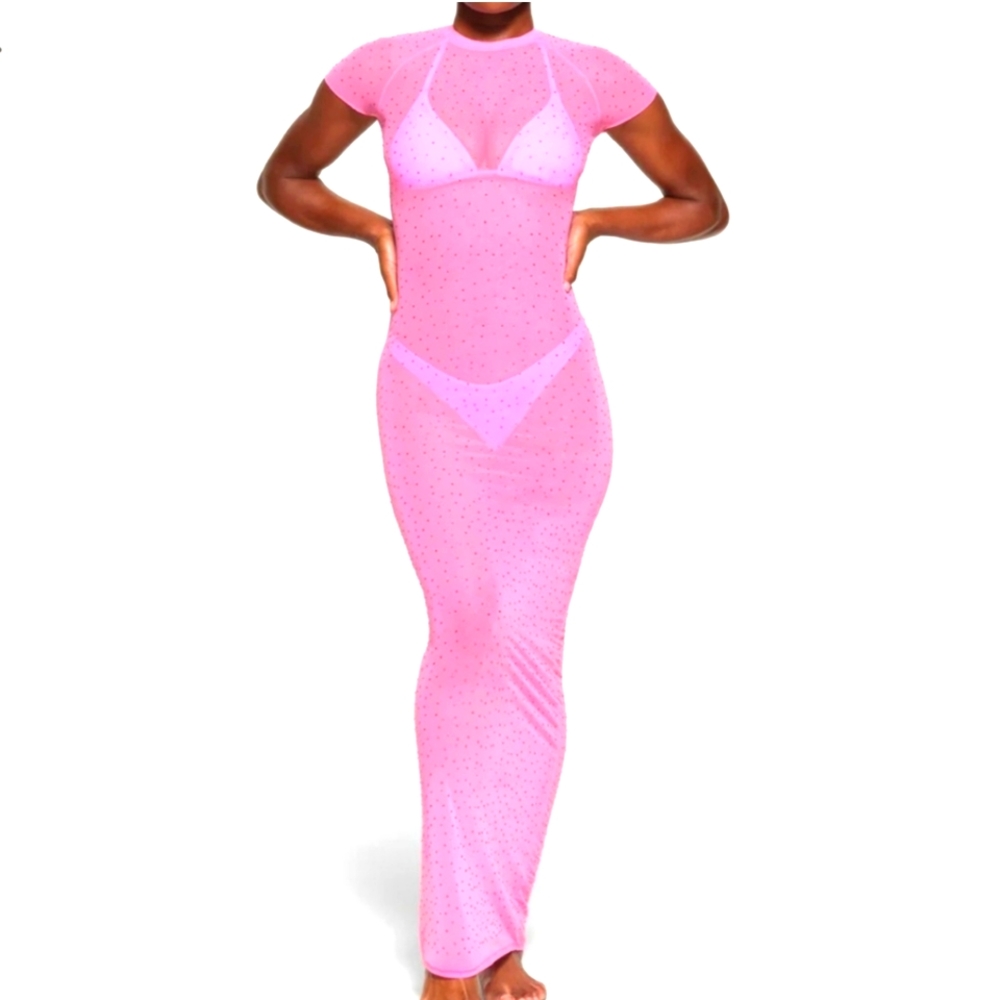 MESH RHINESTONE COVER UP LONG DRESS